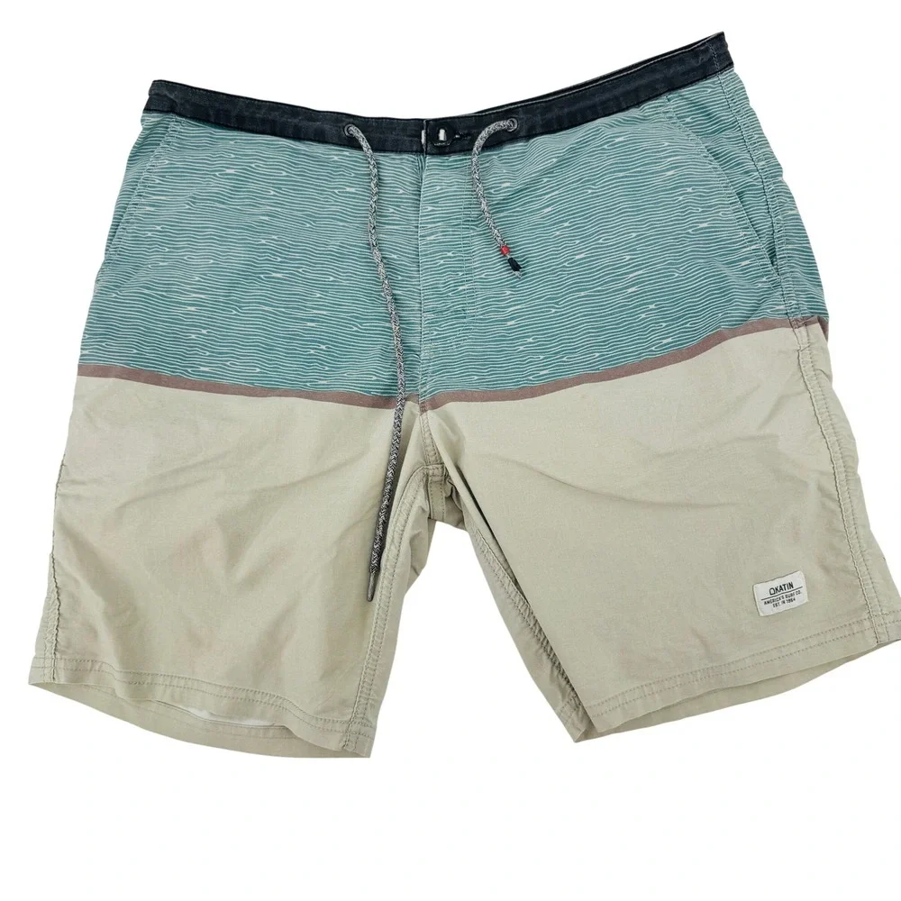 Katin Board Shorts Mens 32 Teal Beige Wave Print‎ Hybrid Surf Trunks faint spot